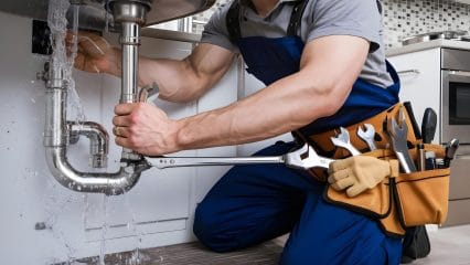 Plumber repairing pipes beneath a sink in Carmichael